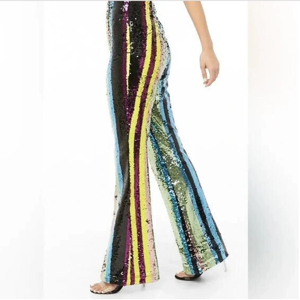 FOREVER 21 l Sequin Striped Pants Retro High Waist Straight Let 80s 90s Size L - Picture 16 of 16